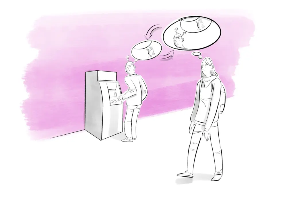 A drawing of a person using an ATM while another person walks
        past. Both look at each other, and thought bubbles represent that they
        think about what the other person may think of them. The image
        represents some of the social dynamics between people using technologies
        in social situations and how they shape other people's experiences.