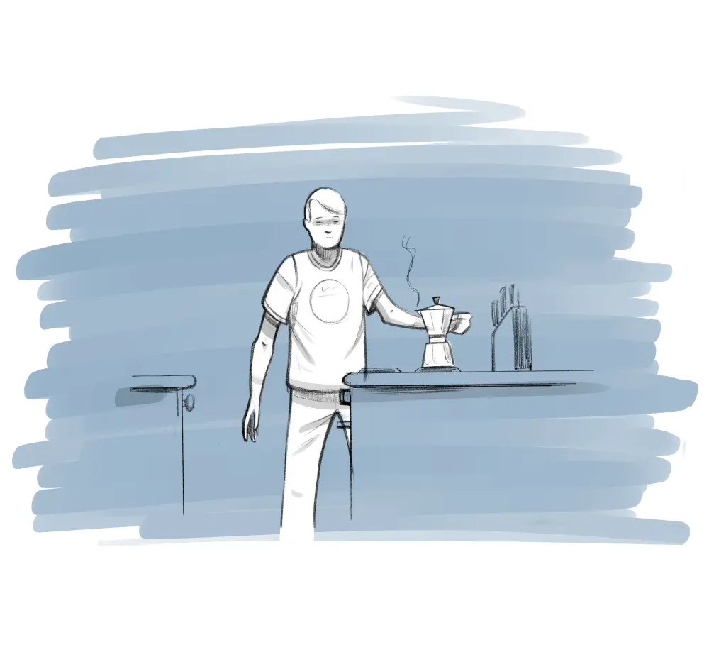 A
              drawing of a man preparing coffee with a Bialetti coffee
              maker. The picture represents the psychological need of security,
              which relates to positive daily routines such as coffee making in
              the morning.
