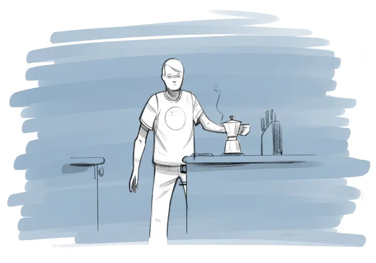 A drawing of a man preparing coffee with a Bialetti coffee
              maker. The picture represents the psychological need of security,
              which relates to positive daily routines such as coffee making in
              the morning.